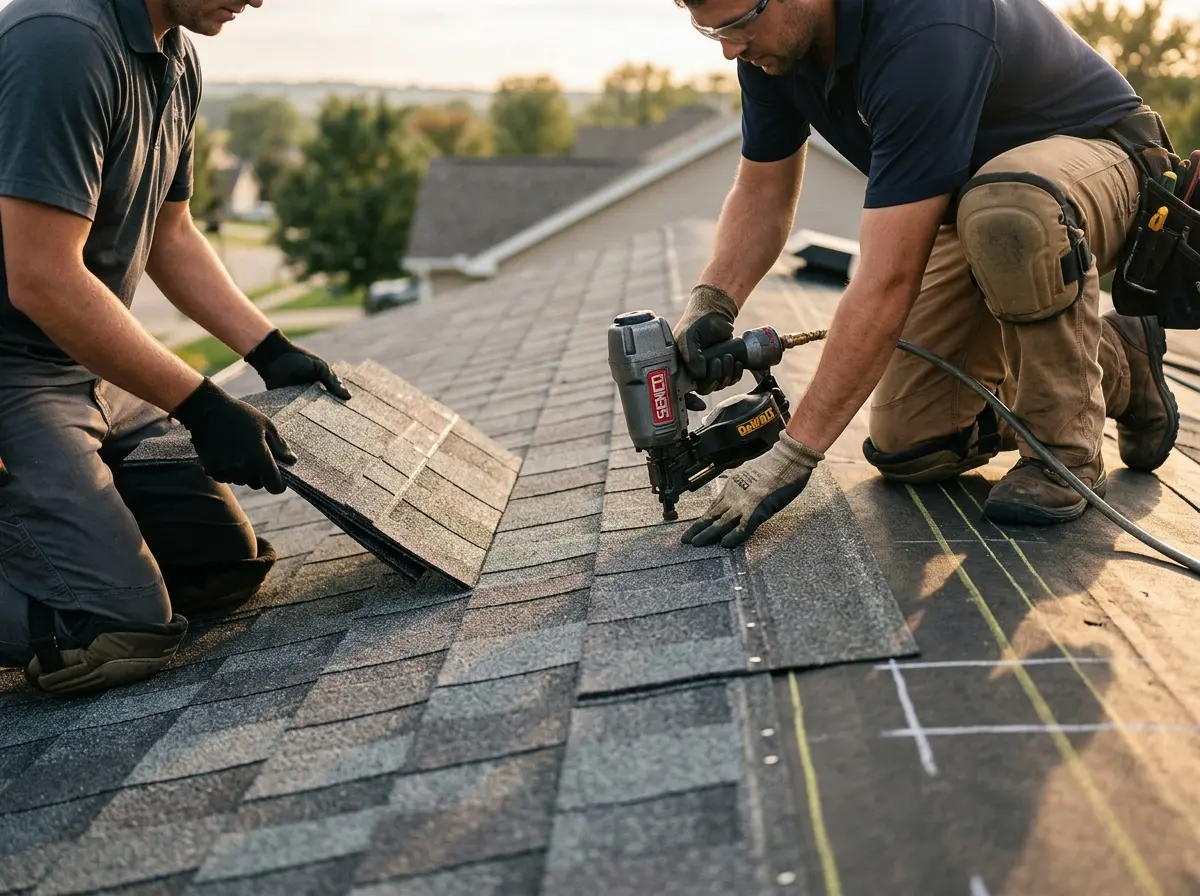Professional roofer working on a residential roof in East Foothills